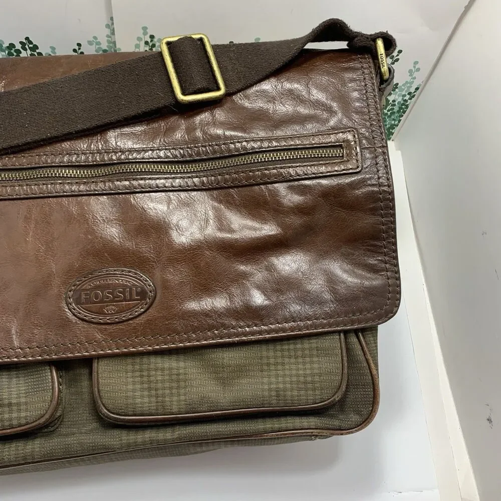 Fossil Leather & Fabric Messenger Laptop Adjustable Strap Bag Men’s